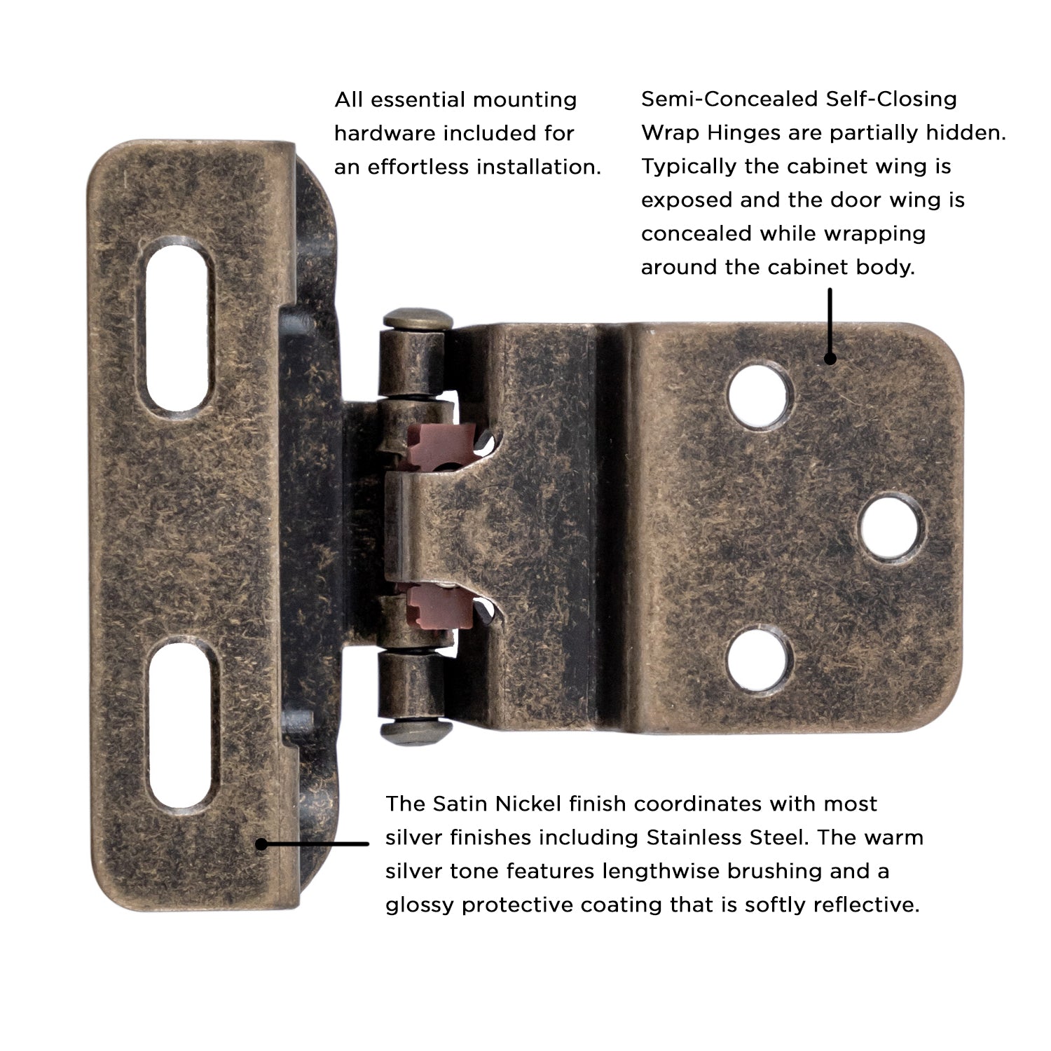 Self Closing Hinge Semi-Concealed 3/8 Inch Inset 1/4 Inch Overlay Face Frame Part Wrap Self-Close (2 Hinges/Per Pack) - Hickory Hardware