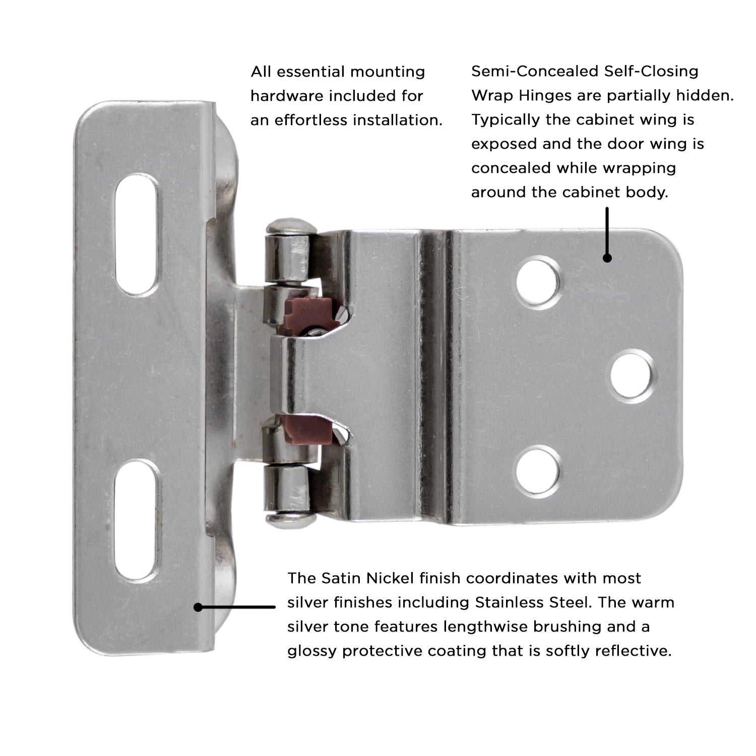 Self Closing Hinge Semi-Concealed 3/8 Inch Inset 1/4 Inch Overlay Face Frame Part Wrap Self-Close (2 Hinges/Per Pack) - Hickory Hardware