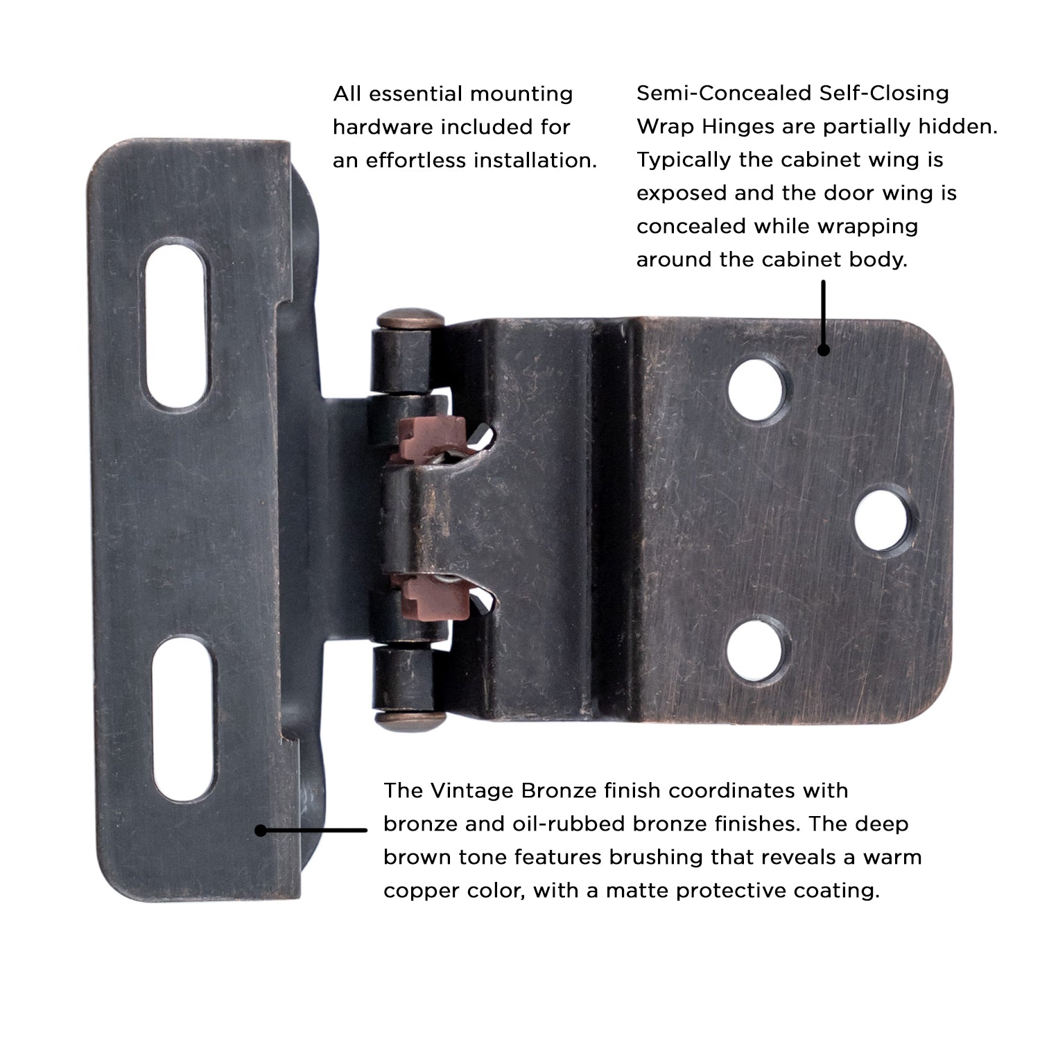 Self Closing Hinge Semi-Concealed 3/8 Inch Inset 1/4 Inch Overlay Face Frame Part Wrap Self-Close (2 Hinges/Per Pack) - Hickory Hardware