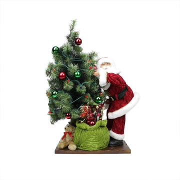 30" Battery Operated Lighted LED Santa Claus with Tree and Gift Bag Christmas Figure on Wooden Base