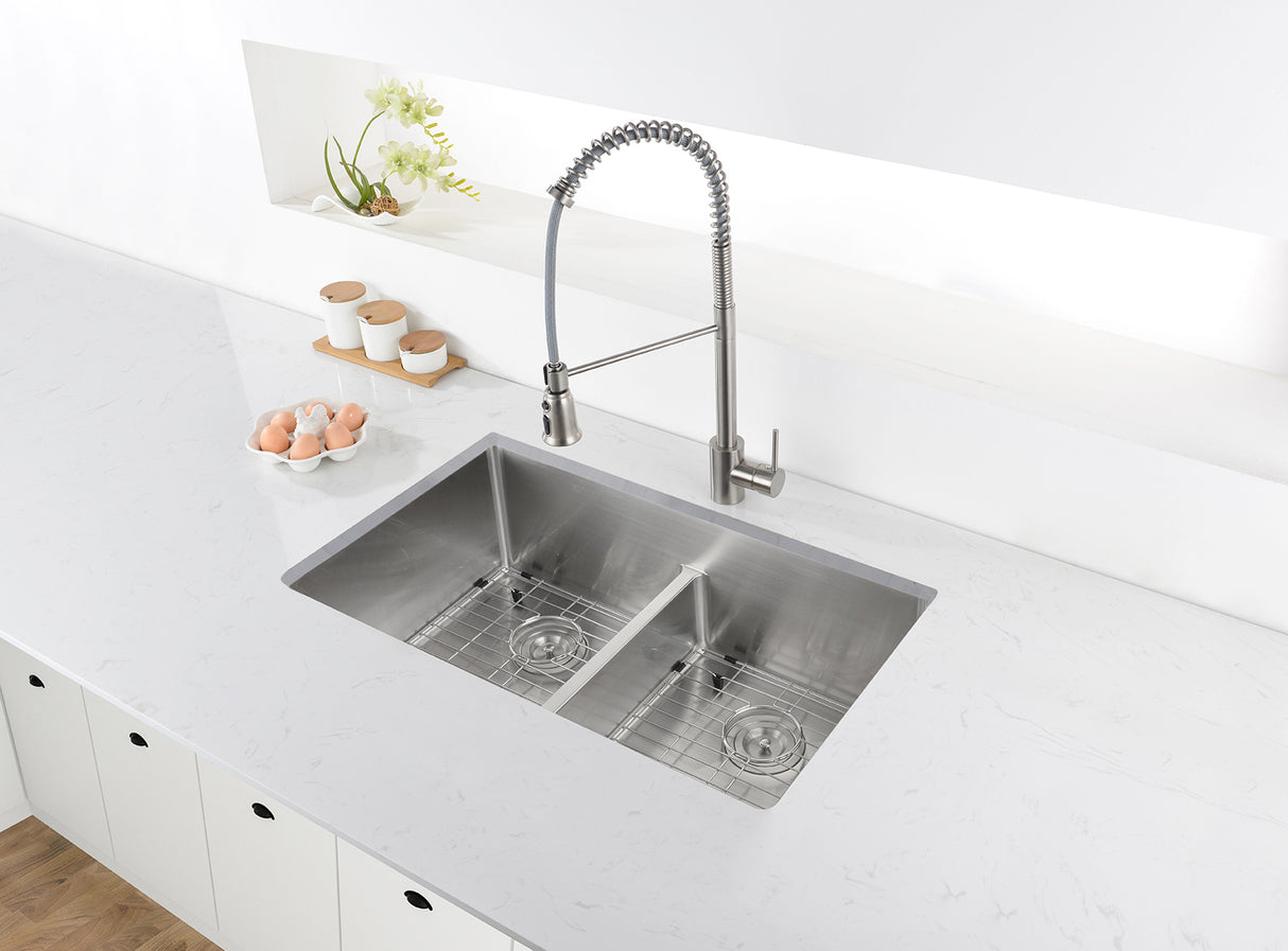 Low-Divide Undermount Tight Radius 50/50 Double Bowl 16 Gauge Stainless Steel Kitchen Sink