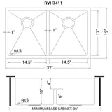 Low-Divide Undermount Tight Radius 50/50 Double Bowl 16 Gauge Stainless Steel Kitchen Sink