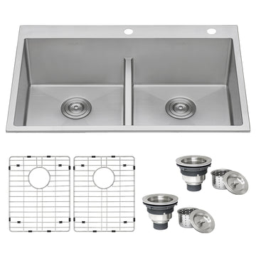 33 x 22 inch Drop-in 50/50 Double Bowl Tight Radius 16 Gauge Topmount Stainless Steel Kitchen Sink