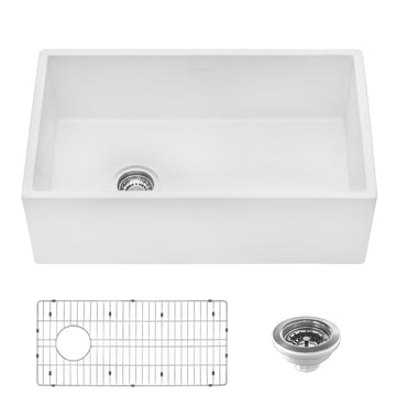 30-inch Fireclay Farmhouse Offset Drain Kitchen Sink Single Bowl White