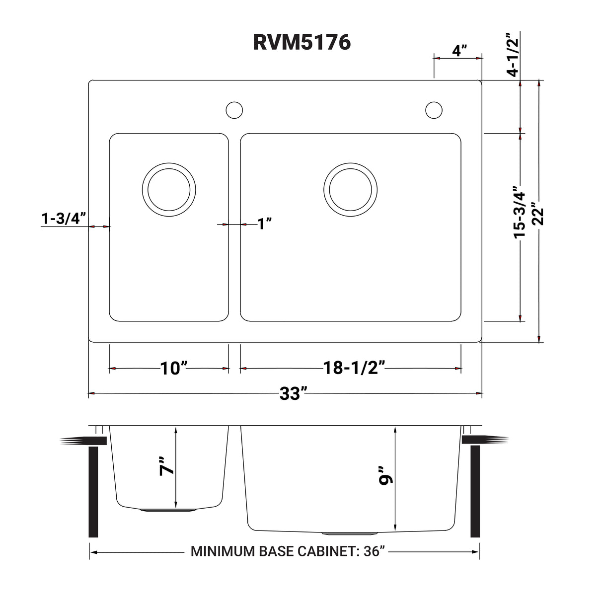 33 x 22 inch Drop - in Topmount Kitchen Sink 16 Gauge Stainless Steel Double Bowl - BUILDMYPLACE