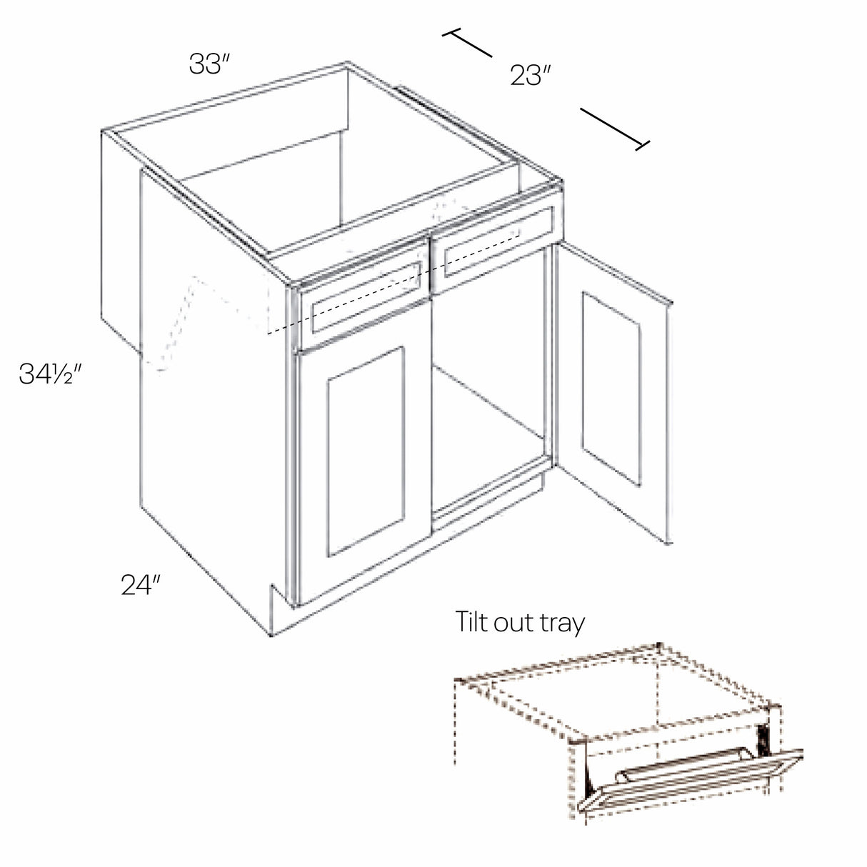 Park Avenue White - Ready to Assemble - Double Door Sink Base Cabinet - 33"W X 34.5"H x 24"D - Tilt-Out Tray