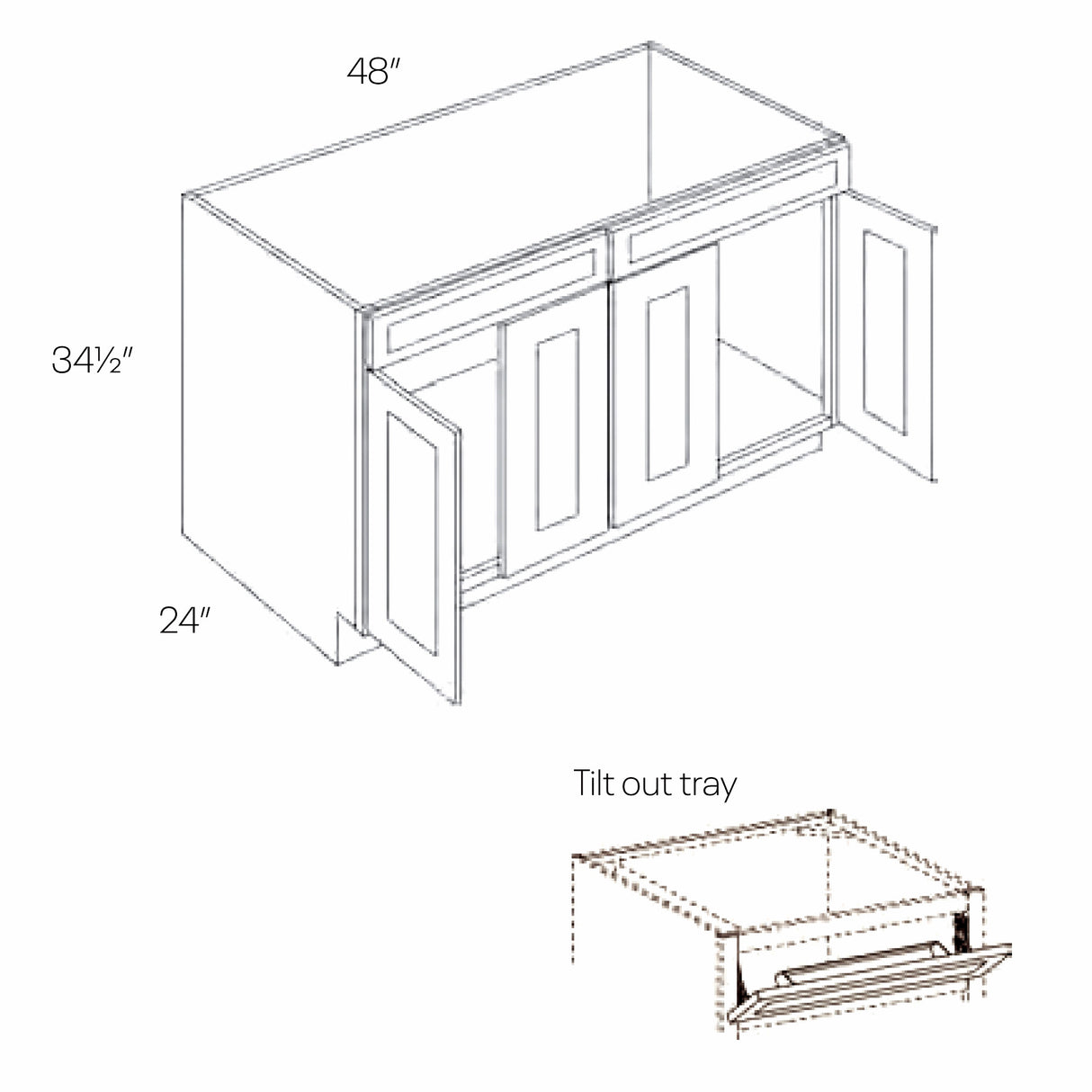 RTA - Park Avenue White - Double Drawer Front 4 Door Sink Base Cabinet | 48"W x 34.5"H x 24"D