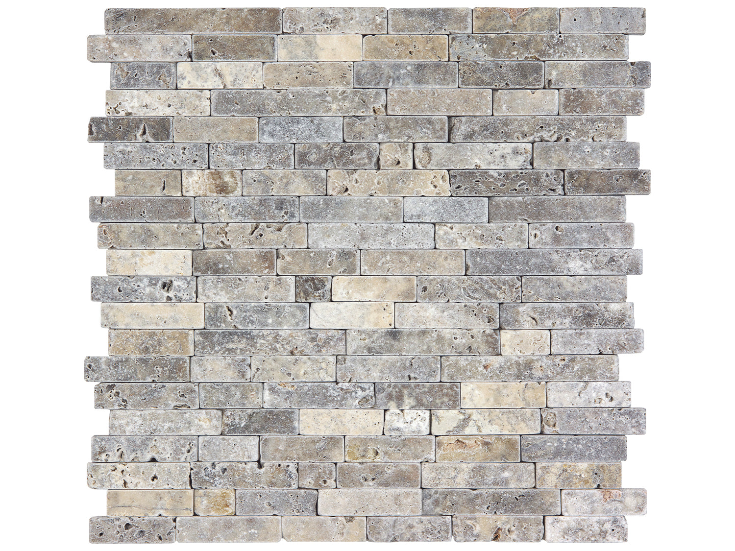 Random Strip Silver Ash Tumbled Travertine Mosaic
