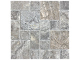 Roman Pattern Silver Ash Tumbled Travertine Mosaic