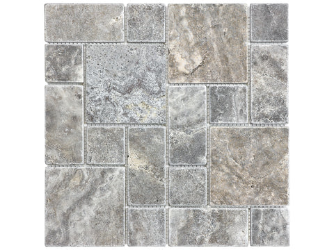 Roman Pattern Silver Ash Tumbled Travertine Mosaic