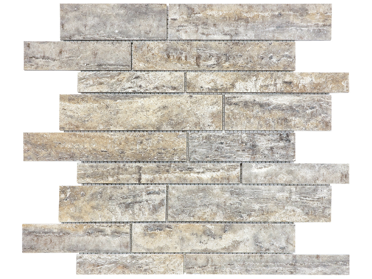 Random Strip Silver Ash Filled & Honed Veincut Travertine Mosaic