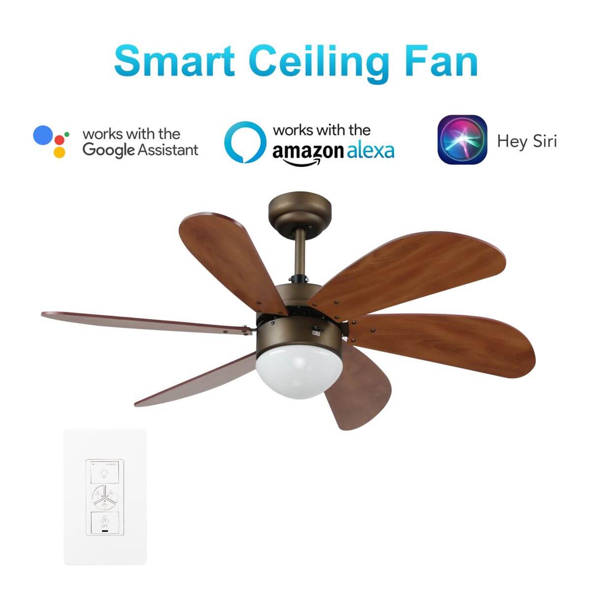 Minimus 38" In. 6 Blade Smart Ceiling Fan with LED Light Kit Works with Wall control, Wi-Fi apps and Voice control via Google Assistant/Alexa/Siri
