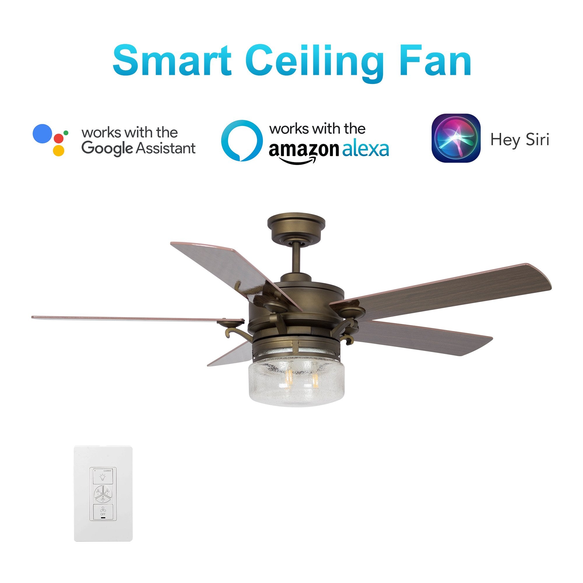 Alexandria 52" In. Oil Rubbed Bronze/Brown Wood 5 Blade Smart Ceiling Fan with LED Light Kit Works with Wall control, Wi-Fi apps and Voice control via Google Assistant/Alexa/Siri