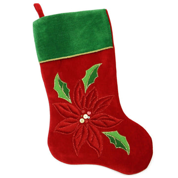 20" Red Velveteen Sequined Poinsettia Christmas Stocking with Green Cuff