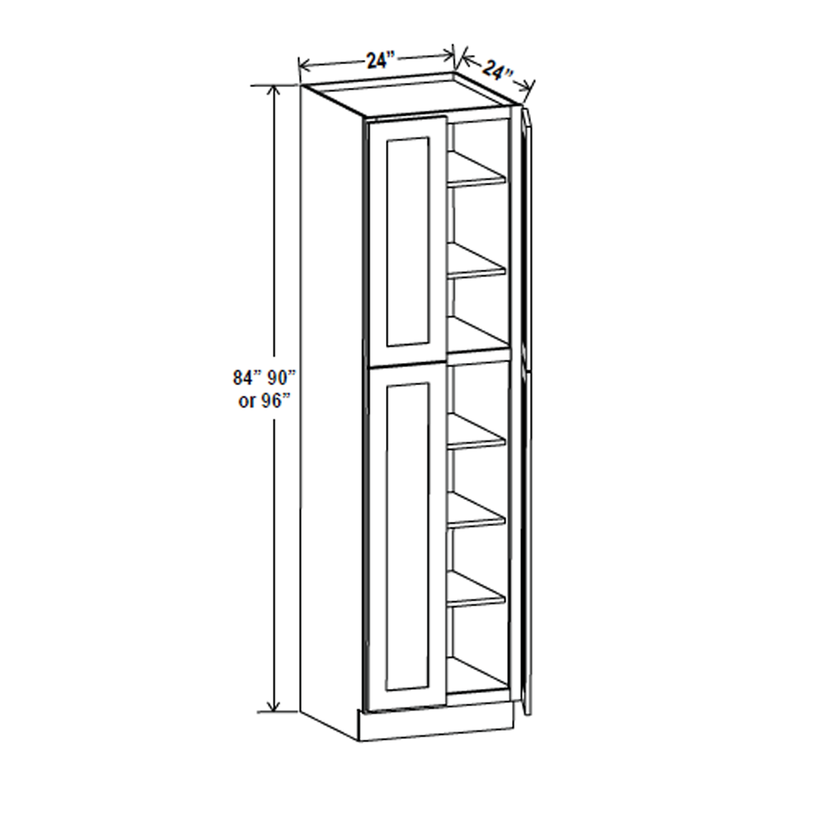 Wall Pantry Cabinet - 24W x 90H x 24D - Blue Shaker Cabinet - RTA