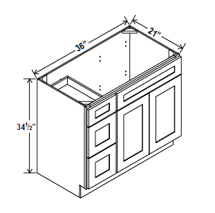 Vanity Sink Base - 36W x 34 1/2 x 21D - 1D, 3 Left DRW - Charleston Saddle - RTA