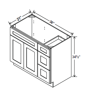 Vanity Sink Base - 36W x 34 1/2 x 21D - 1D, 3 Right DRW - Aria White Shaker - RTA