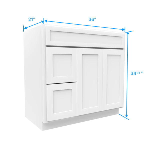 Vanity Sink Base - 36W x 34 1/2 x 21D - 1D, 2 Left DRW - Aria White Shaker