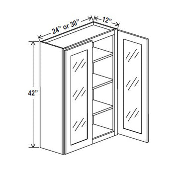 Glass Door Wall Cabinet - 30W x 42H x 12D -Charleston White - RTA
