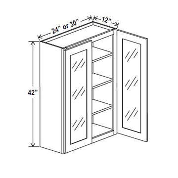 Glass Door Wall Cabinet - 30W x 42H x 12D - Grey Shaker Cabinet