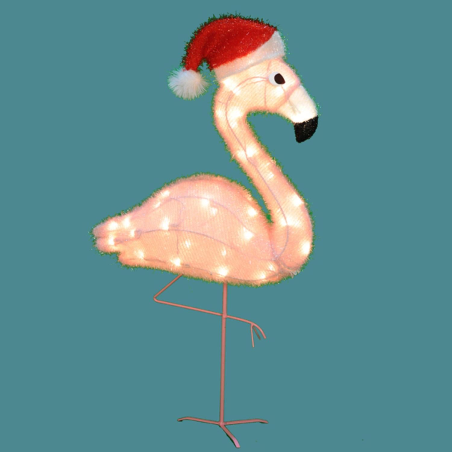32" Pre-Lit Pink Flamingo with Santa Claus Hat Soft Tinsel Christmas Yard Art
