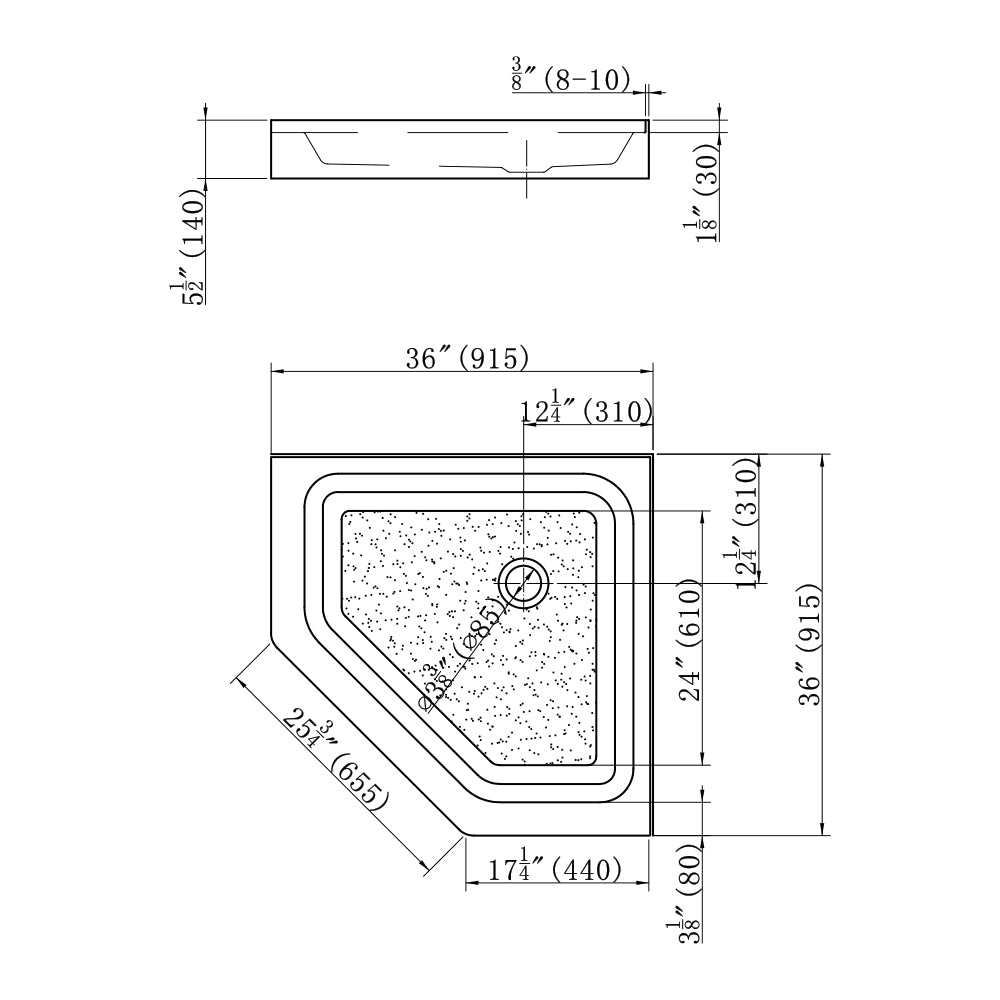 Ivanees - Neo Angle Center Drain Shower Base - Shower Pan - Double Tile Flanges - 36 X 36 X 5.5