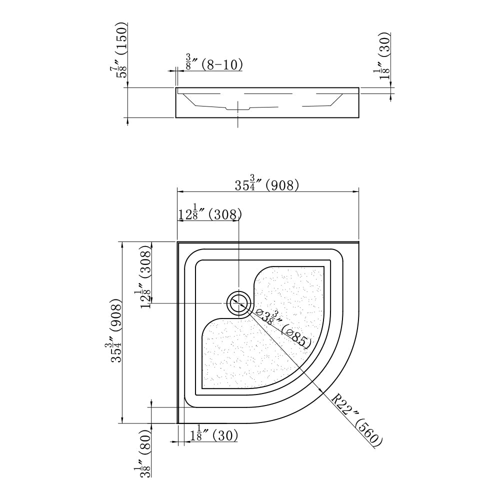 Neo Angle Round Center Drain Shower Pan - Double Tile Flanges - 36 X 36 X 5.5