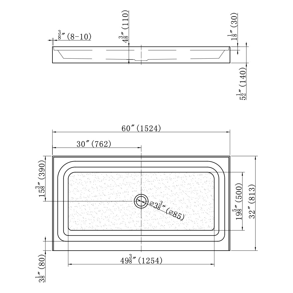 Shower Tray - Center Drain Single-Threshold - Acrylic and fiberglass -  60 X 32 X 5.5