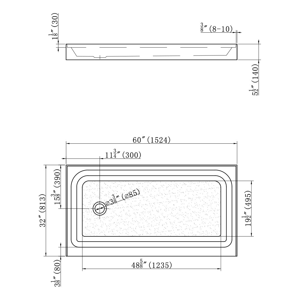 Shower Tray - Left Drain Single Threshold - Acrylic and Fiberglass - 60 X 32 X 5.5