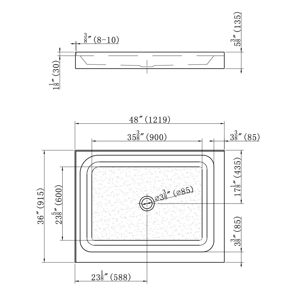 Shower Tray Right Hand - Double threshold - Acrylic and fiberglass - 48 x 36 x 5.5