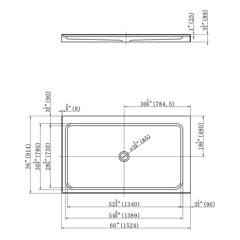 Shower Pan Left Hand Double Threshold - Acrylic and fiberglass - 60 X 36 X 3.5