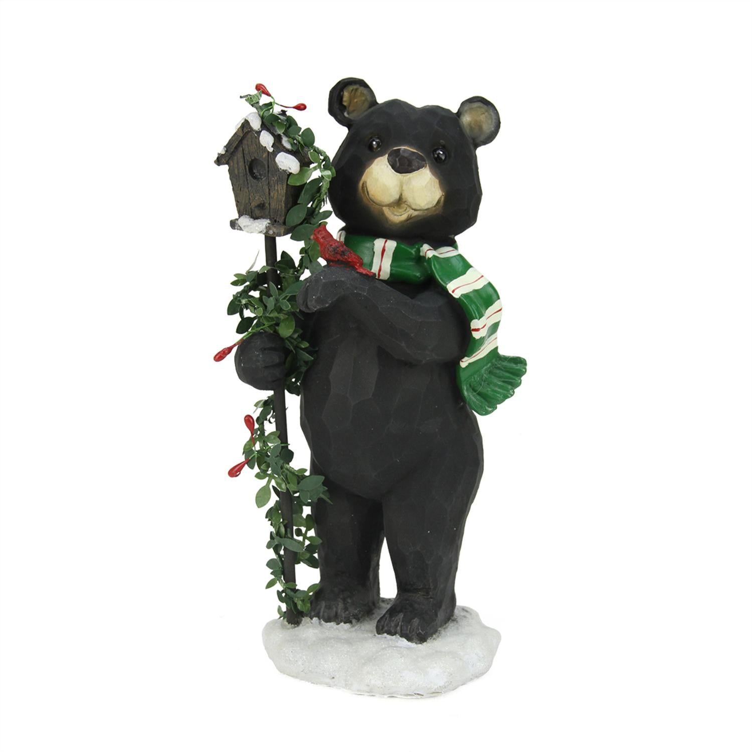 9.75" Black Grizzly Bear with Pine Berry Bird House Christmas Table Top Decoration