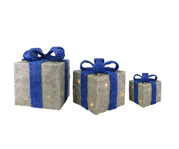 Set of 3 Lighted Silver with Blue Bows Sisal Gift Boxes Christmas Outdoor Decorations