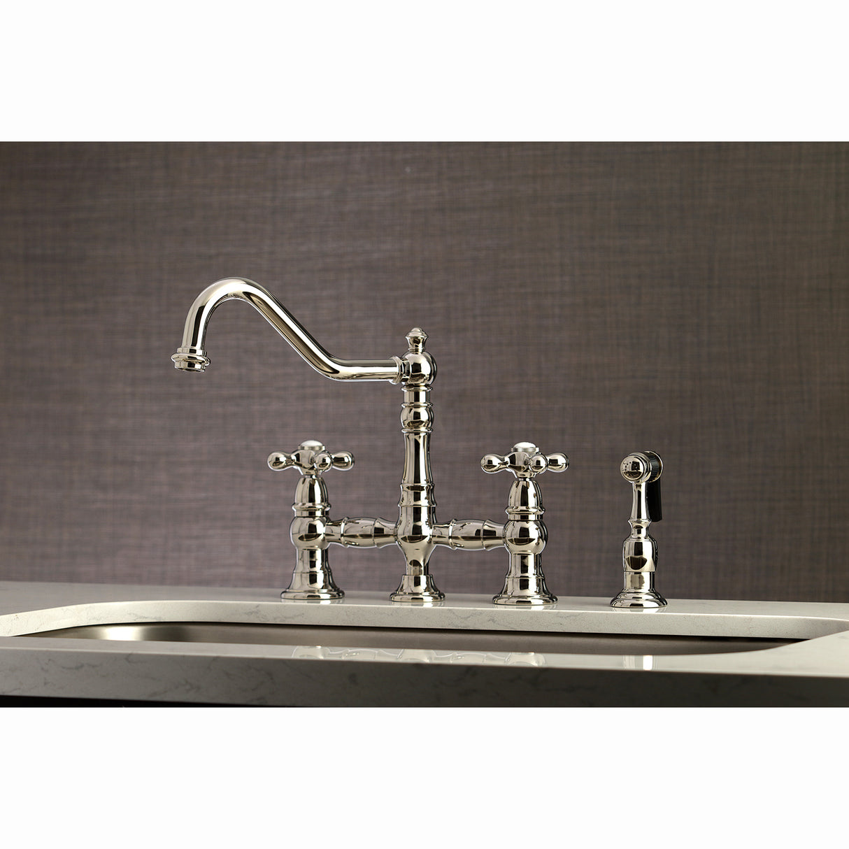 Restoration 8" Bridge Kitchen Faucet With Sprayer Includes Cross Handles For Easy Rotation