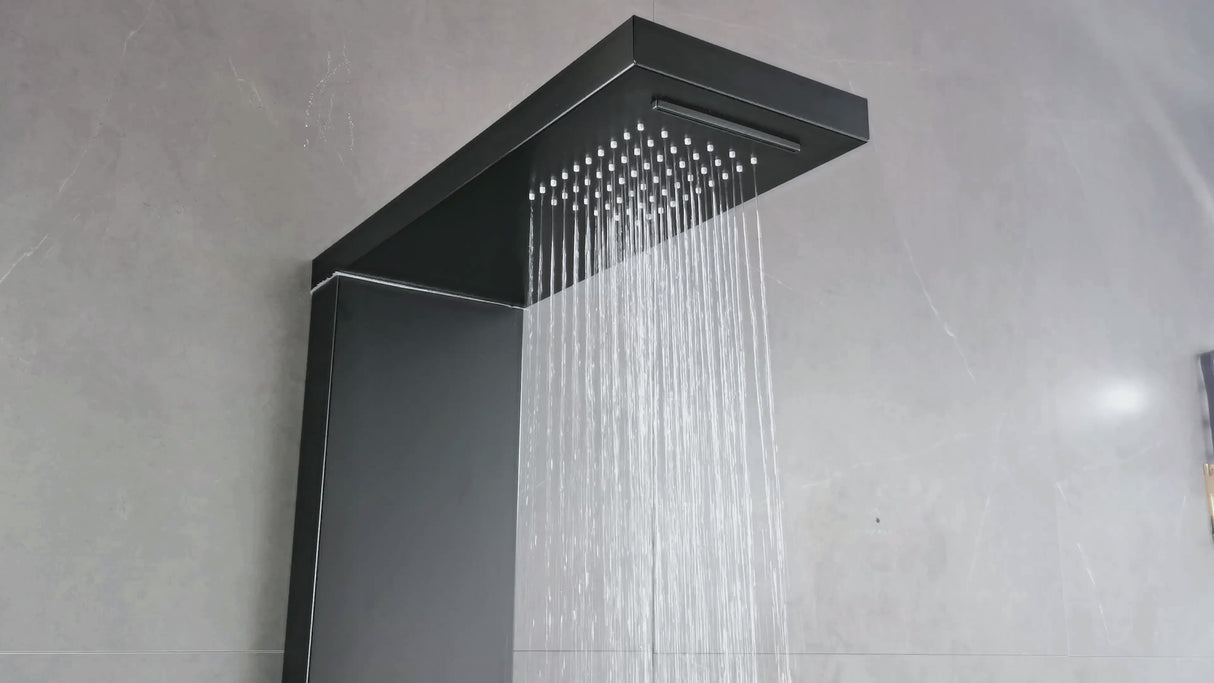 55 in. 3-Jet Stainless Steel Matte Black Shower Panel System with Fixed Rainfall & Waterfall Shower Head, Tub Spout & Handheld Shower, Self-Cleaning & Jet Massage Feature