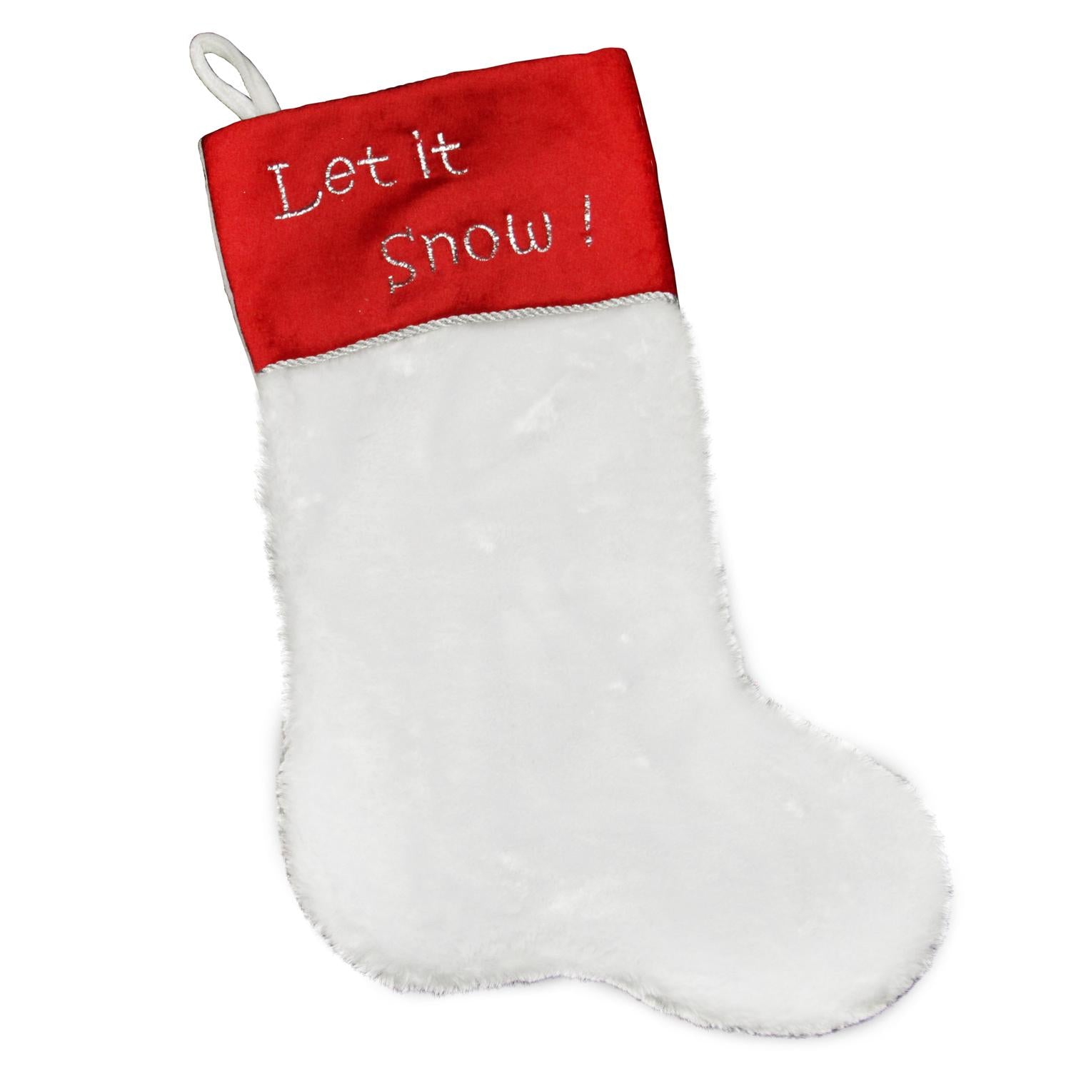 20" White Faux Fur "Let it Snow!" Christmas Stocking with Red Shadow Velveteen Cuff