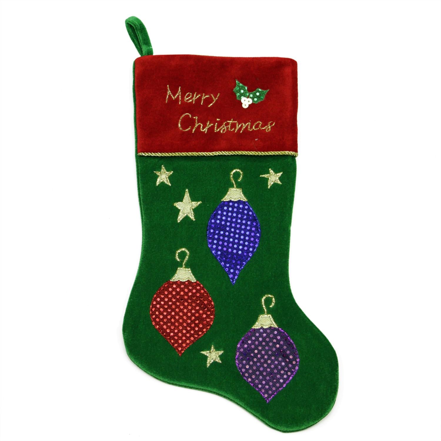 20" Green Embroidered Velveteen Christmas Ornament Stocking with Red Cuff