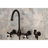 Restoration Wall Mount Bridge Kitchen Faucet In 8.1" Spout Reach With Brass Sprayer