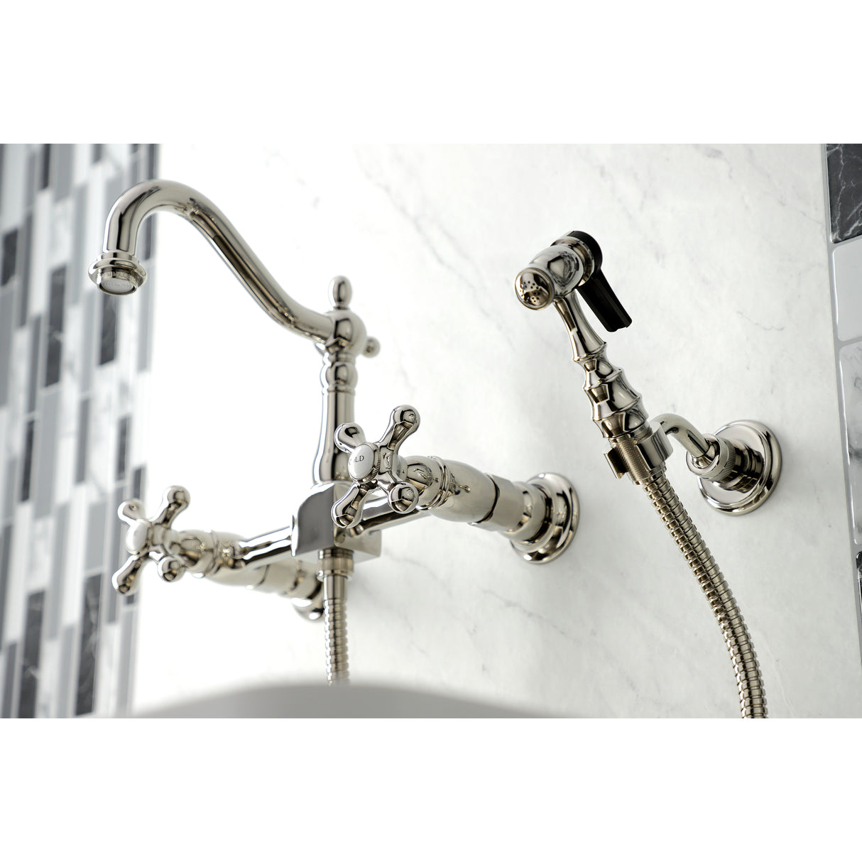 Heritage Wall Mount Bridge Kitchen Faucet with Brass Sprayer