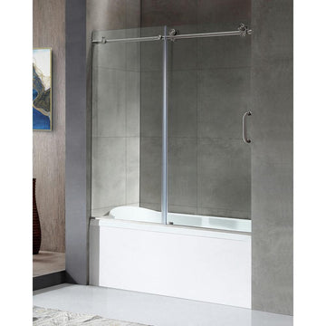 59 in. W x 62 in. H Adjustable frameless Single sliding Bathtub door with 10mm Clear Tempered Glass in Brushed Nickel