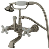 Vintage 7" Wall Mount Tub Faucet With Hand Shower & Procelain Cross Handles In 6.94" Spout Reach