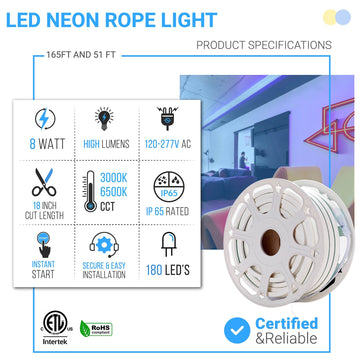 8W Neon Flex LED Rope Lights - White - 120V, IP65 Rated - UL/ETL Listed - 200 Lumens