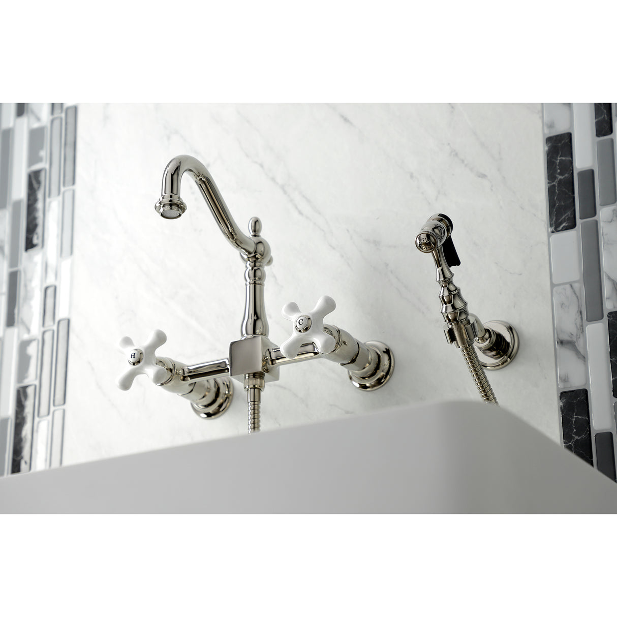 Heritage Wall Mount Bridge Kitchen Faucet W/ Brass Sprayer