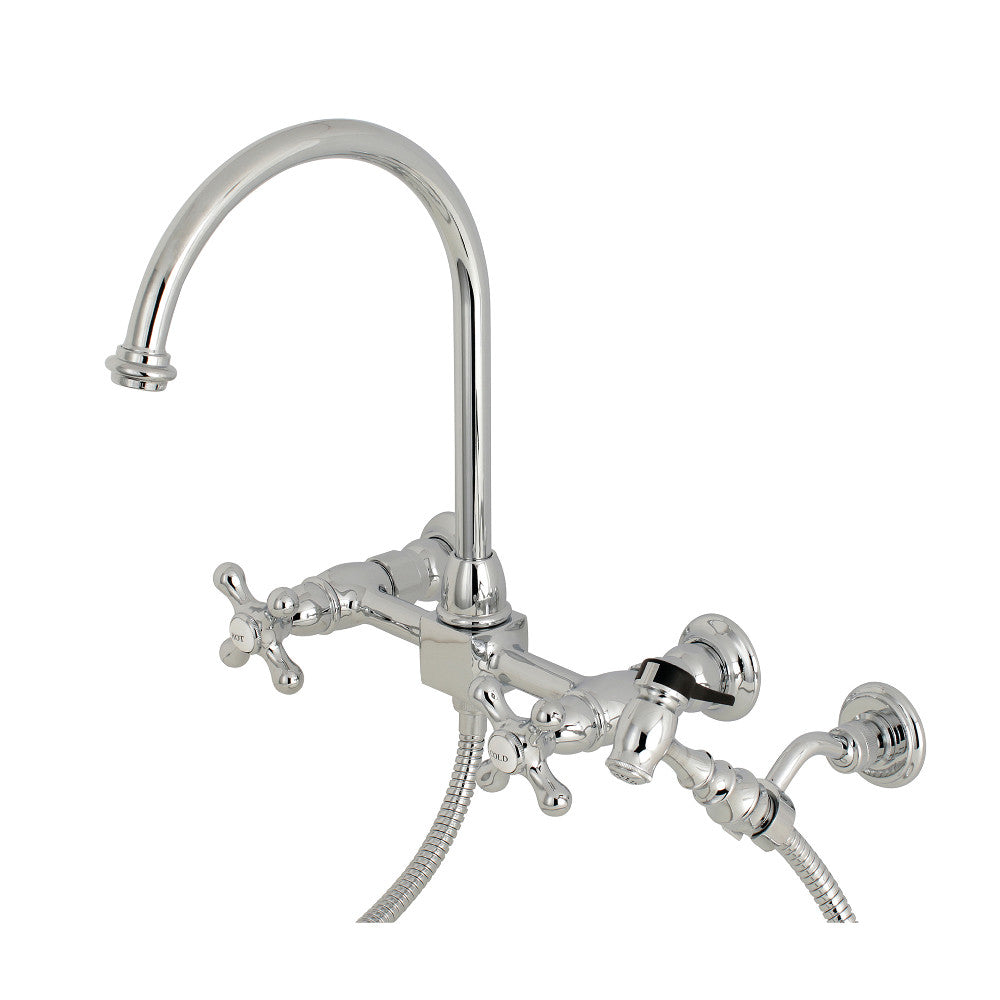 Restoration Wall Mount Bridge Kitchen Faucet In 8.1" Spout Reach With Brass Sprayer