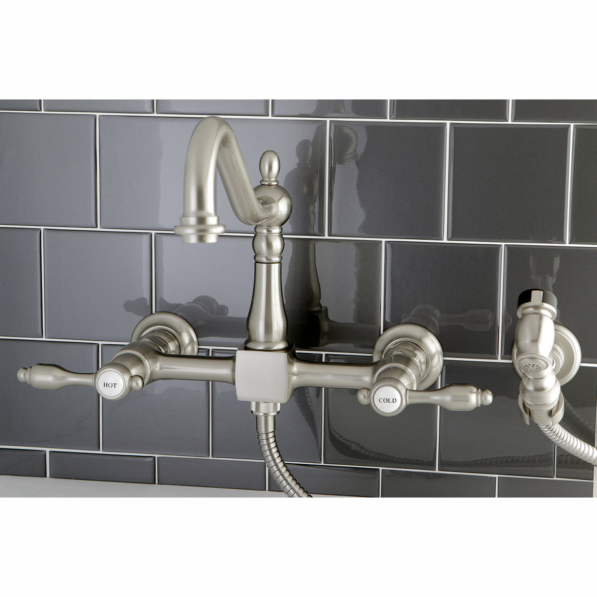 Tudor Wall Mount Bridge Kitchen Faucet with Brass Sprayer