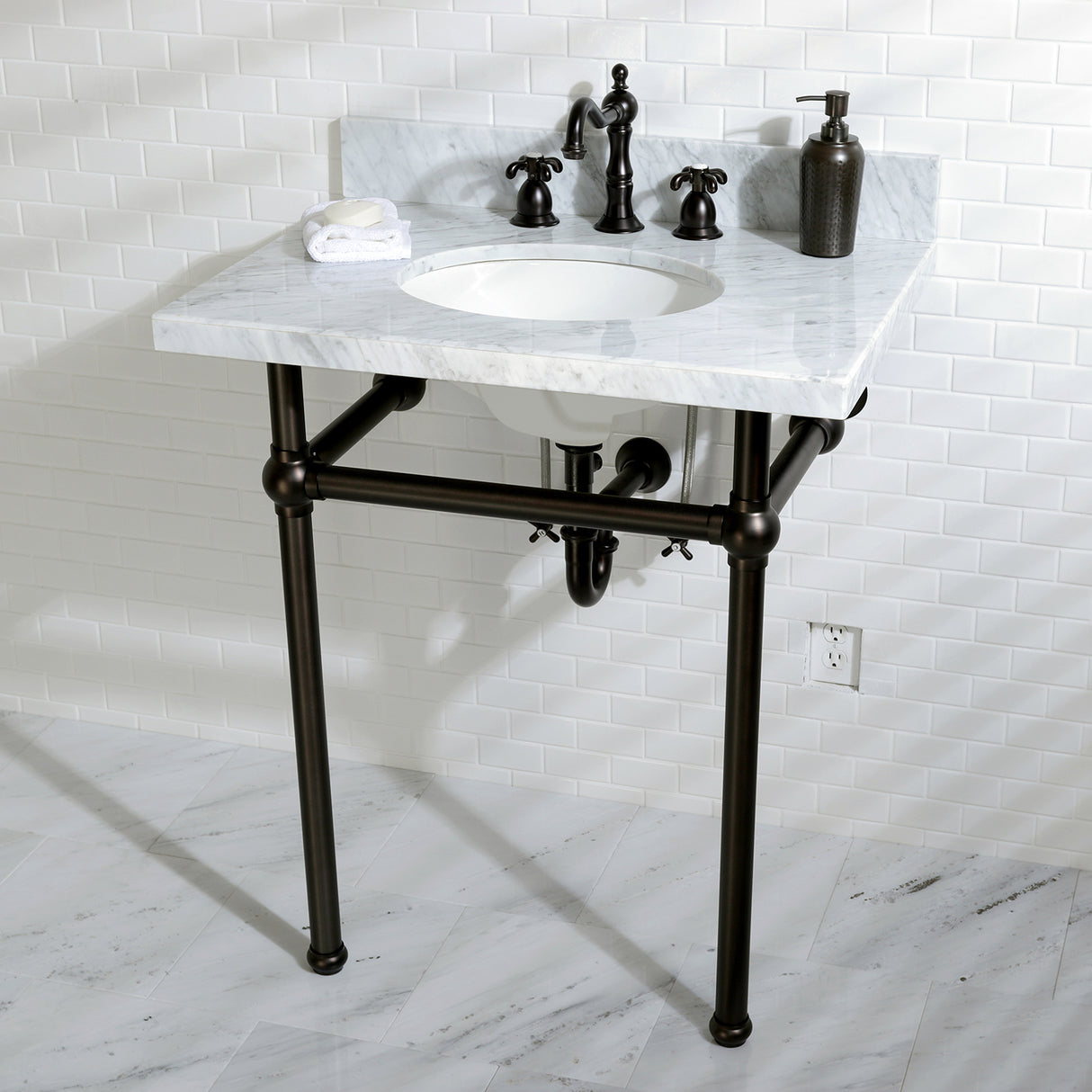 Templeton 30" x 22" Carrara Marble Vanity Top with Brass Console Legs