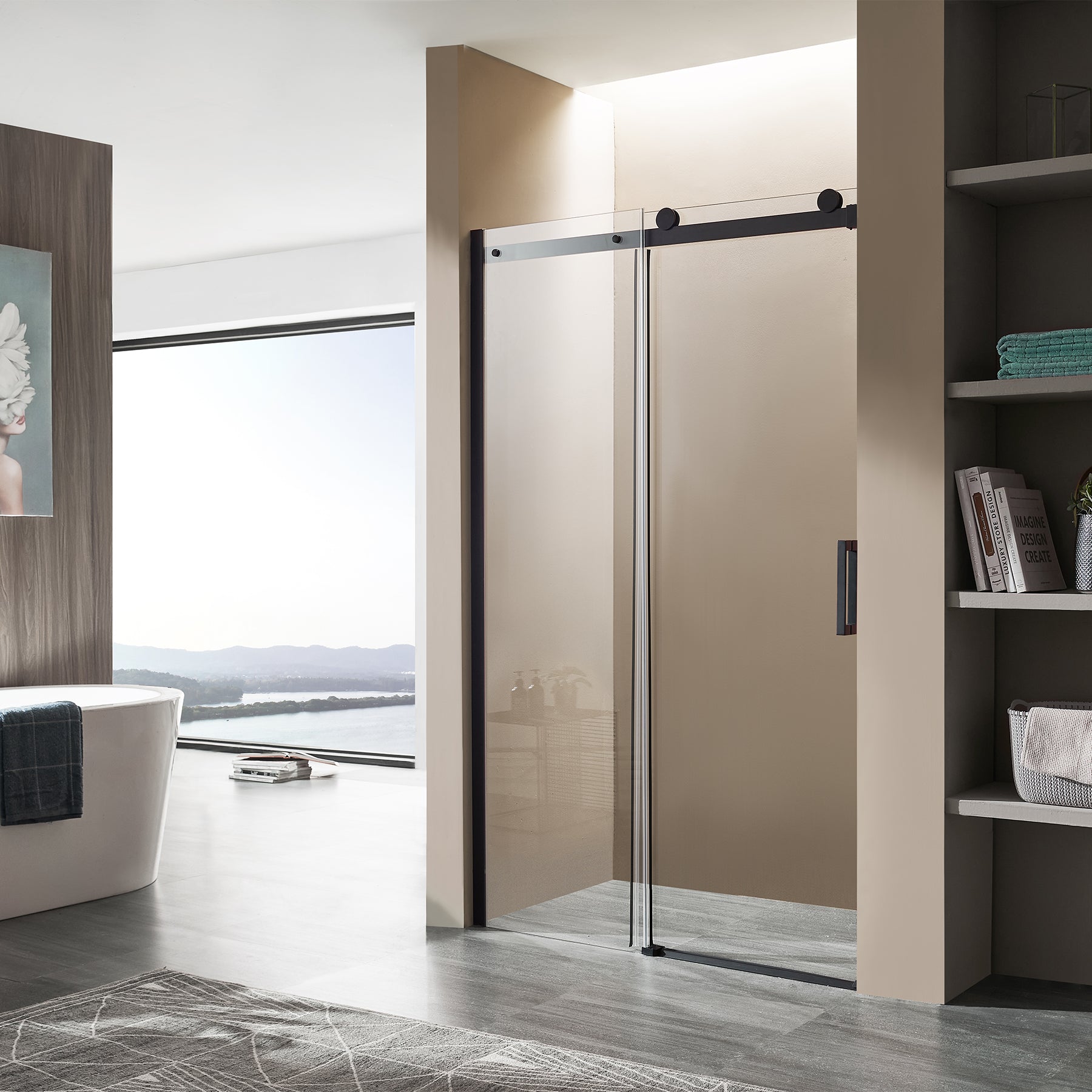 Rhodes Series 48 in. W x 76 in. H Frameless Sliding Shower Door with Handles & 8mm Clear Glass - Matte Black