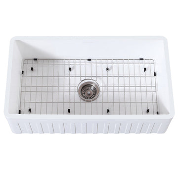 Gourmetier 36" x 18" Farmhouse Kitchen Sink with Strainer and Grid, Matte White/Brushed