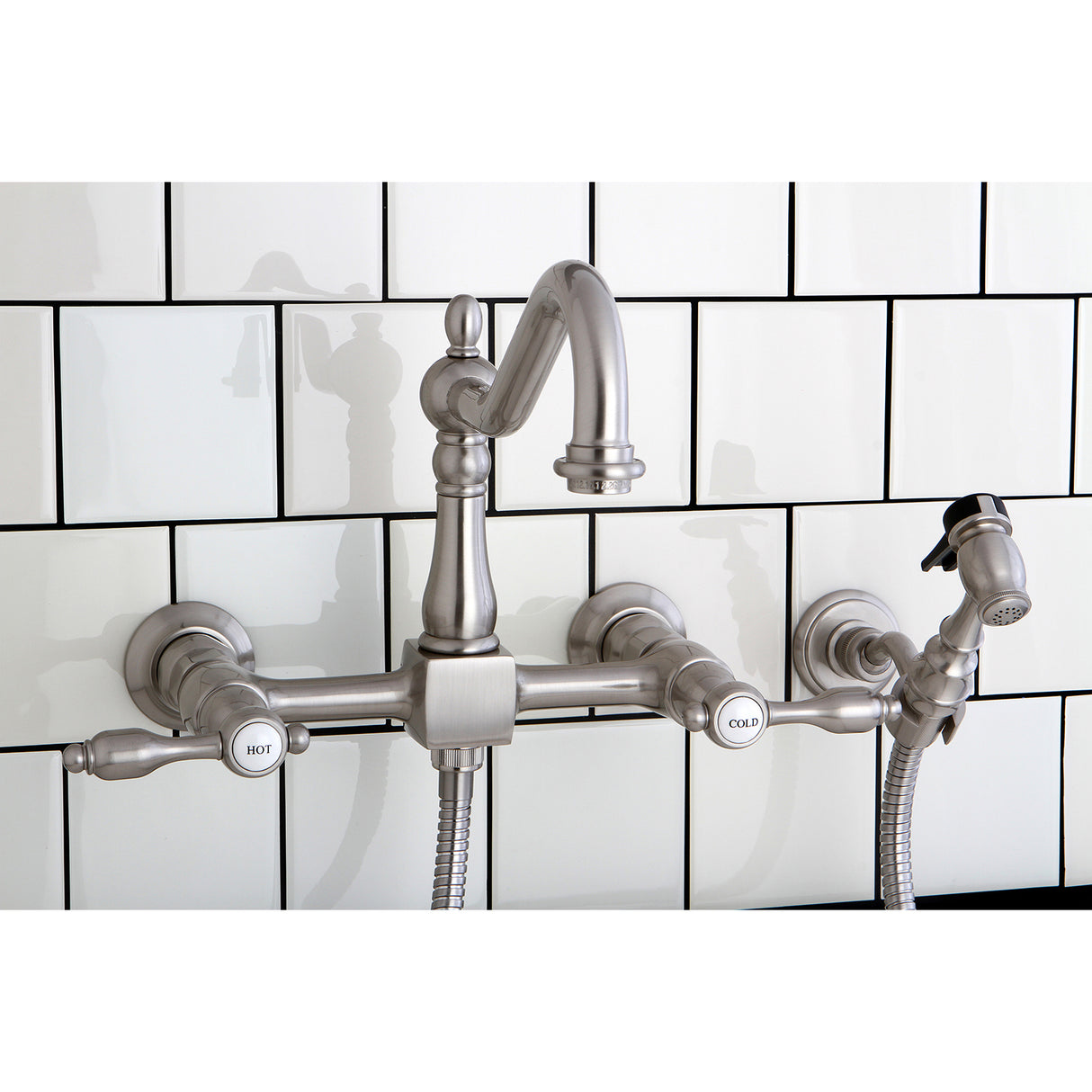 Tudor Wall Mount Bridge Kitchen Faucet with Brass Sprayer