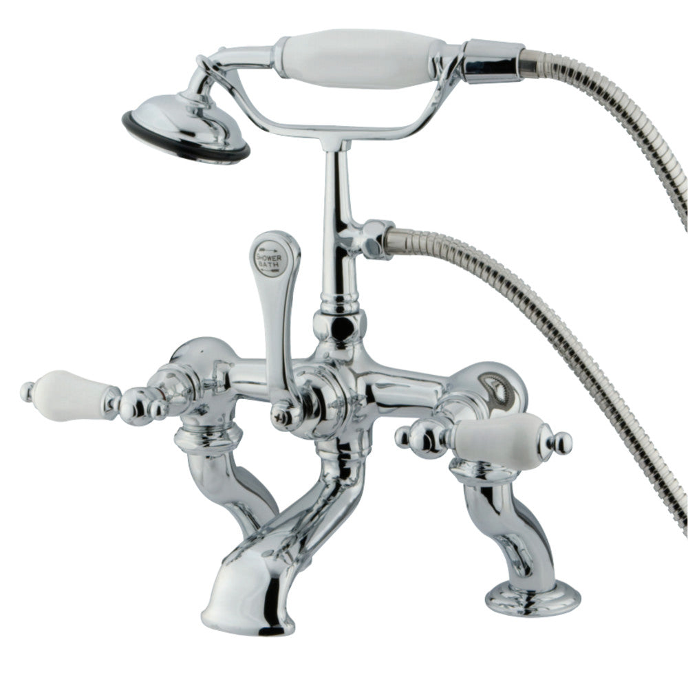 Vintage 7" Deck Mount Tub Faucet W/ Hand Shower, Procelain Lever Handle